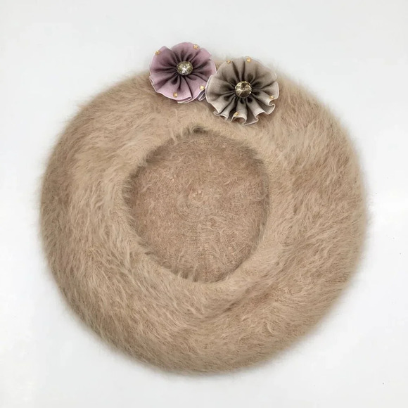 Women's Super Soft Beret Fuzzy Floral Ribbon Rhinestones Tan Pink Brown Feathers - Picture 3 of 9